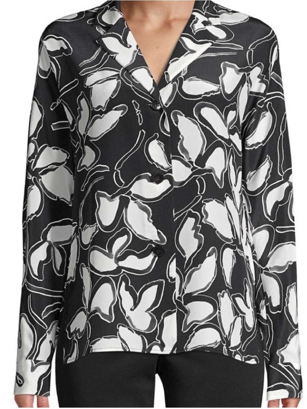 Lafayette 148 New York Black & White Floral Print Button-Down Shirt